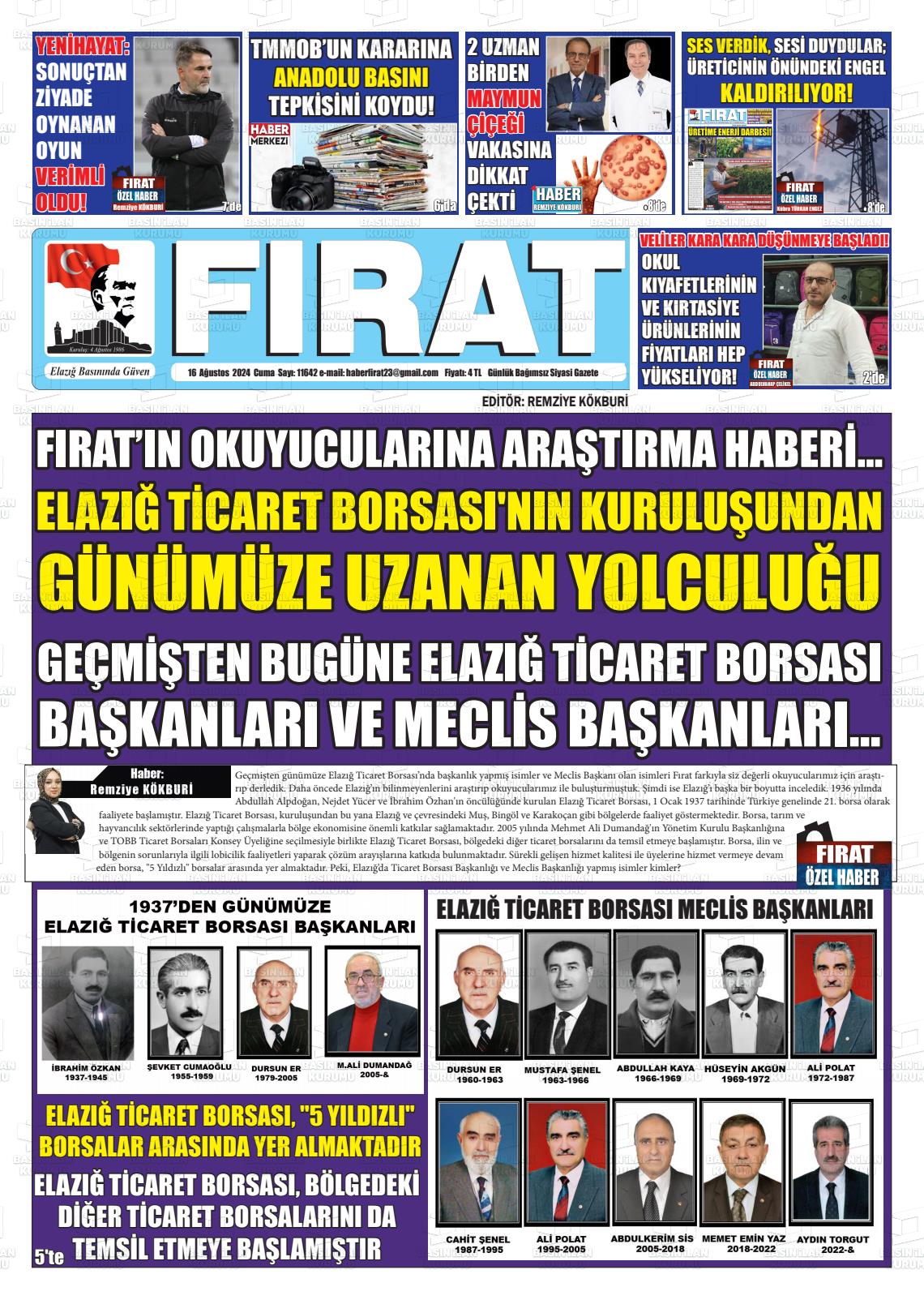 16 Ağustos 2024 Fırat Gazete Manşeti