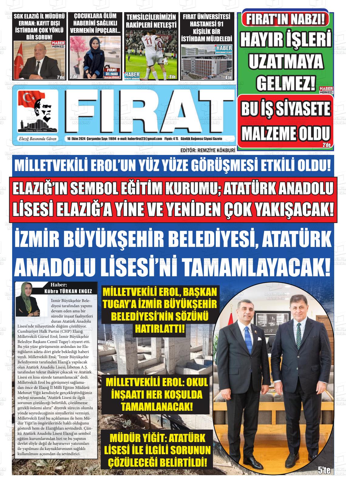 16 Ekim 2024 Fırat Gazete Manşeti