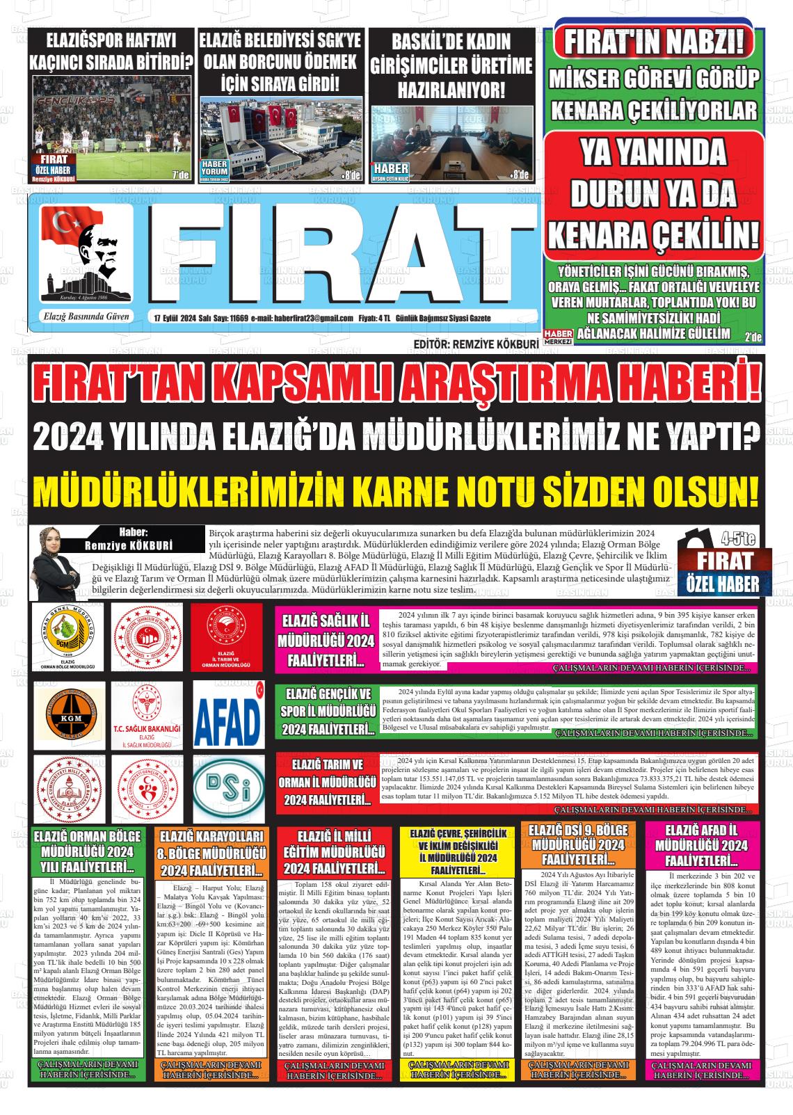 17 Eylül 2024 Fırat Gazete Manşeti