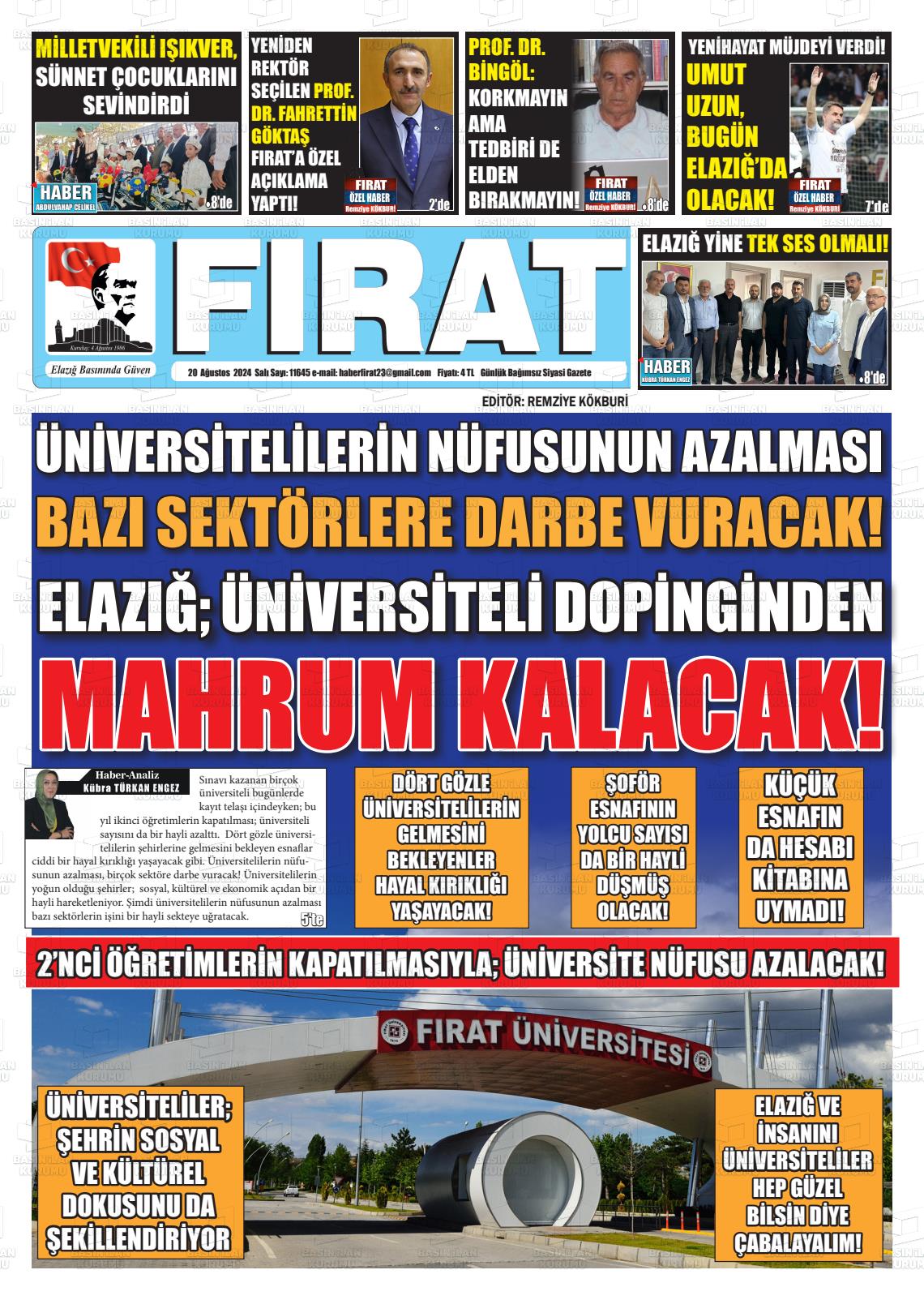 20 Ağustos 2024 Fırat Gazete Manşeti