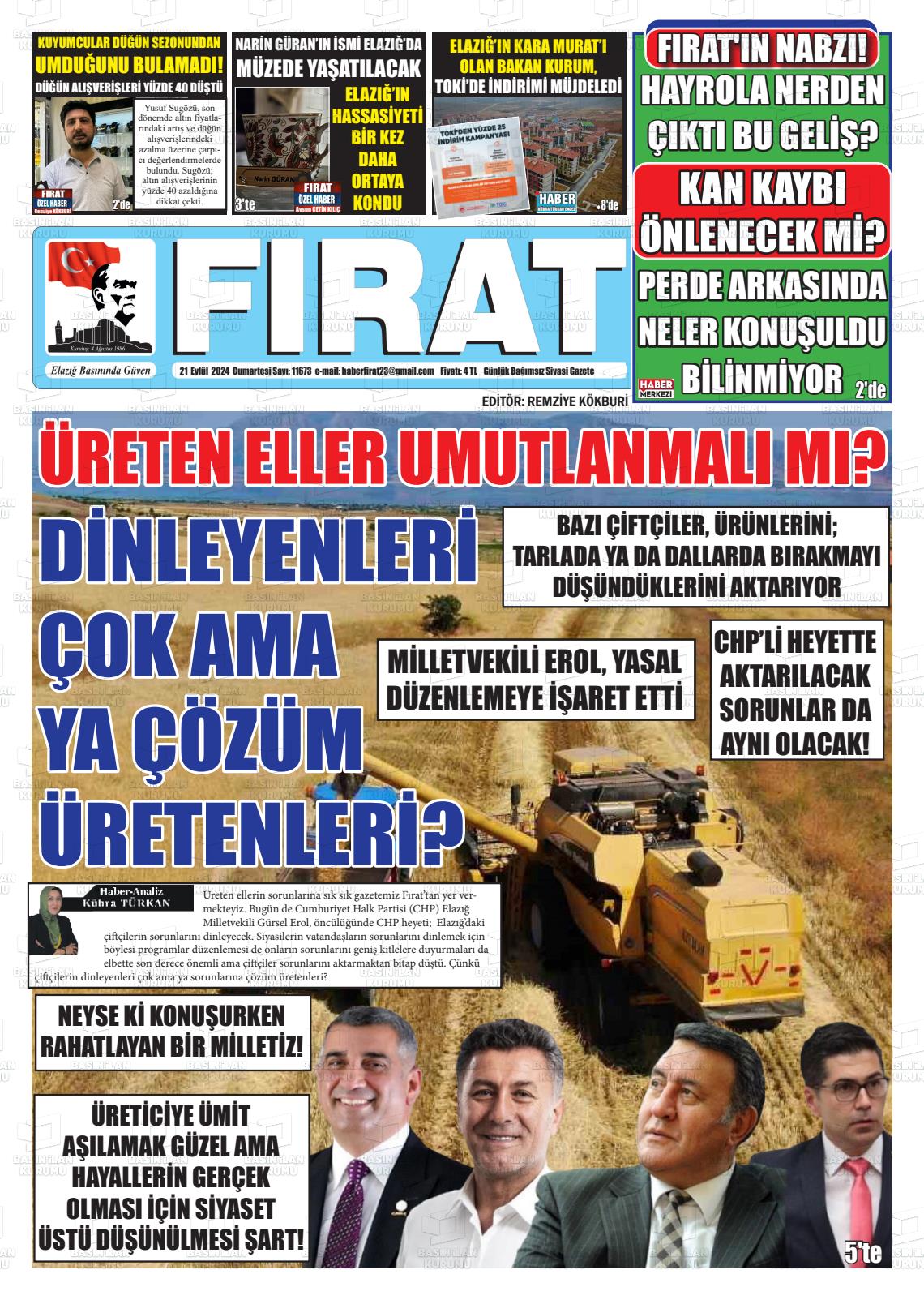 21 Eylül 2024 Fırat Gazete Manşeti