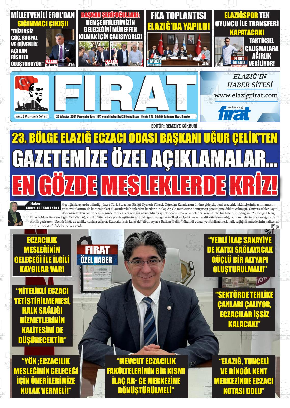 22 Ağustos 2024 Fırat Gazete Manşeti