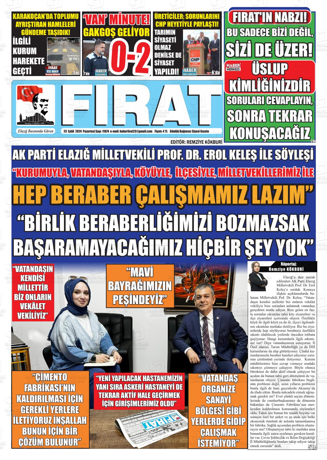 23 Eylül 2024 Fırat Gazete Manşeti