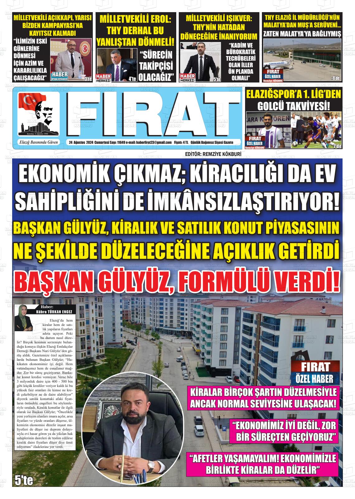 24 Ağustos 2024 Fırat Gazete Manşeti