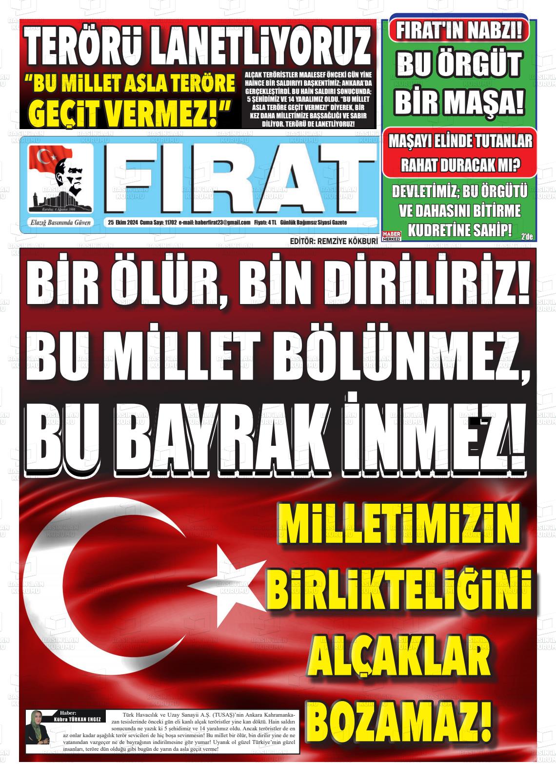 25 Ekim 2024 Fırat Gazete Manşeti