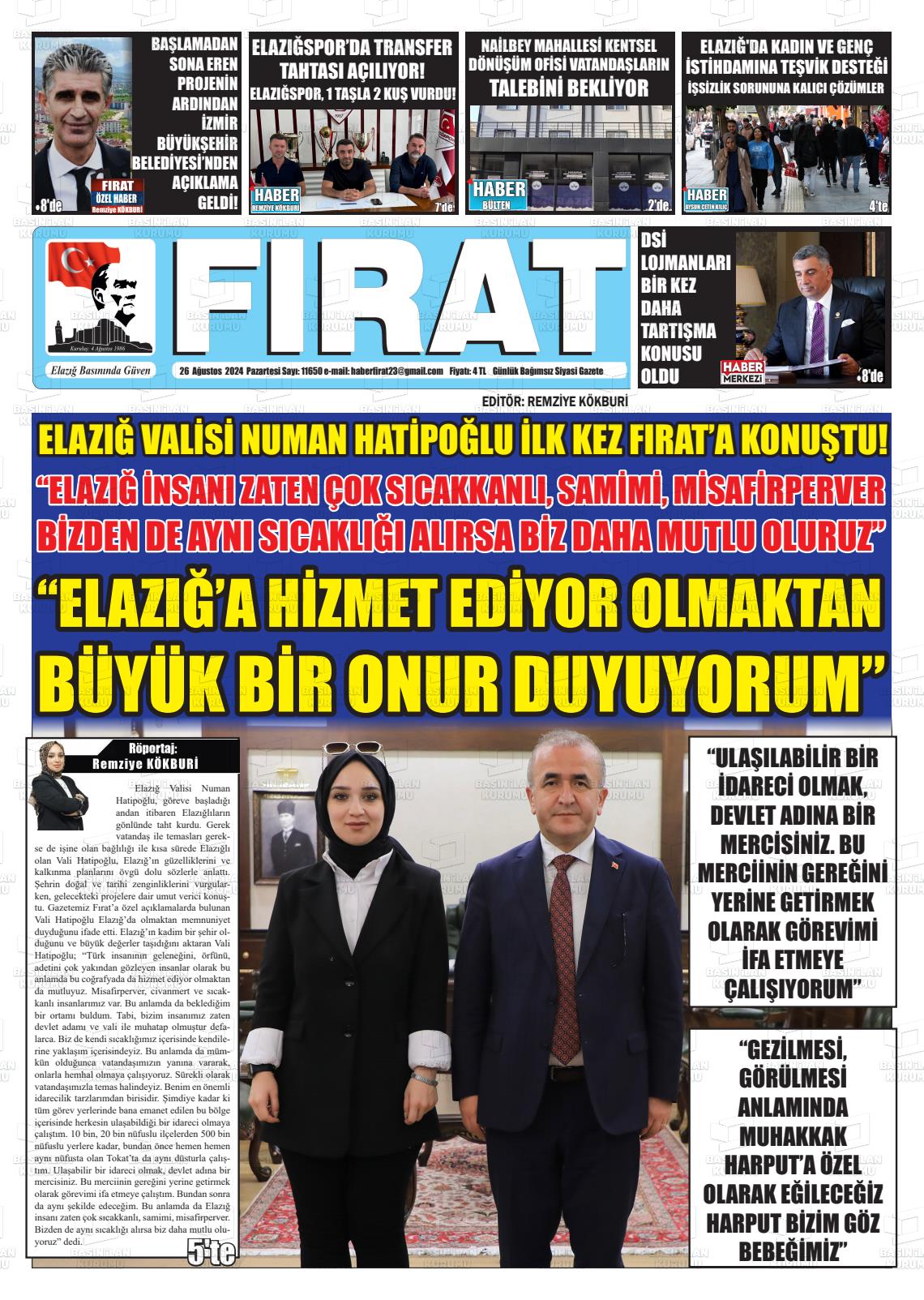 26 Ağustos 2024 Fırat Gazete Manşeti