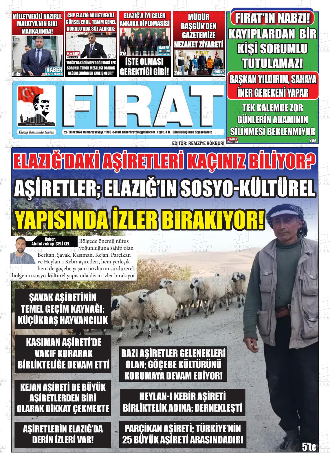 26 Ekim 2024 Fırat Gazete Manşeti