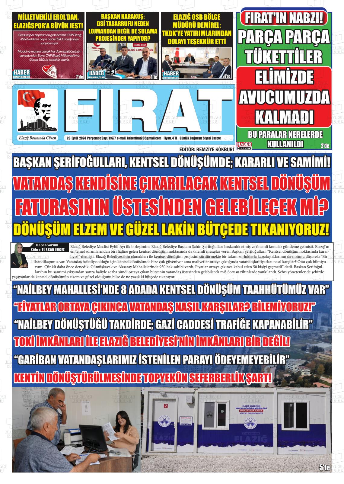 26 Eylül 2024 Fırat Gazete Manşeti