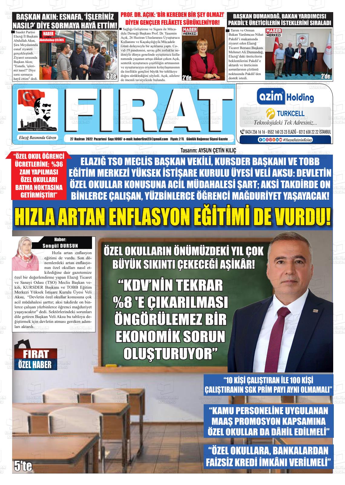 27 Haziran 2022 Fırat Gazete Manşeti