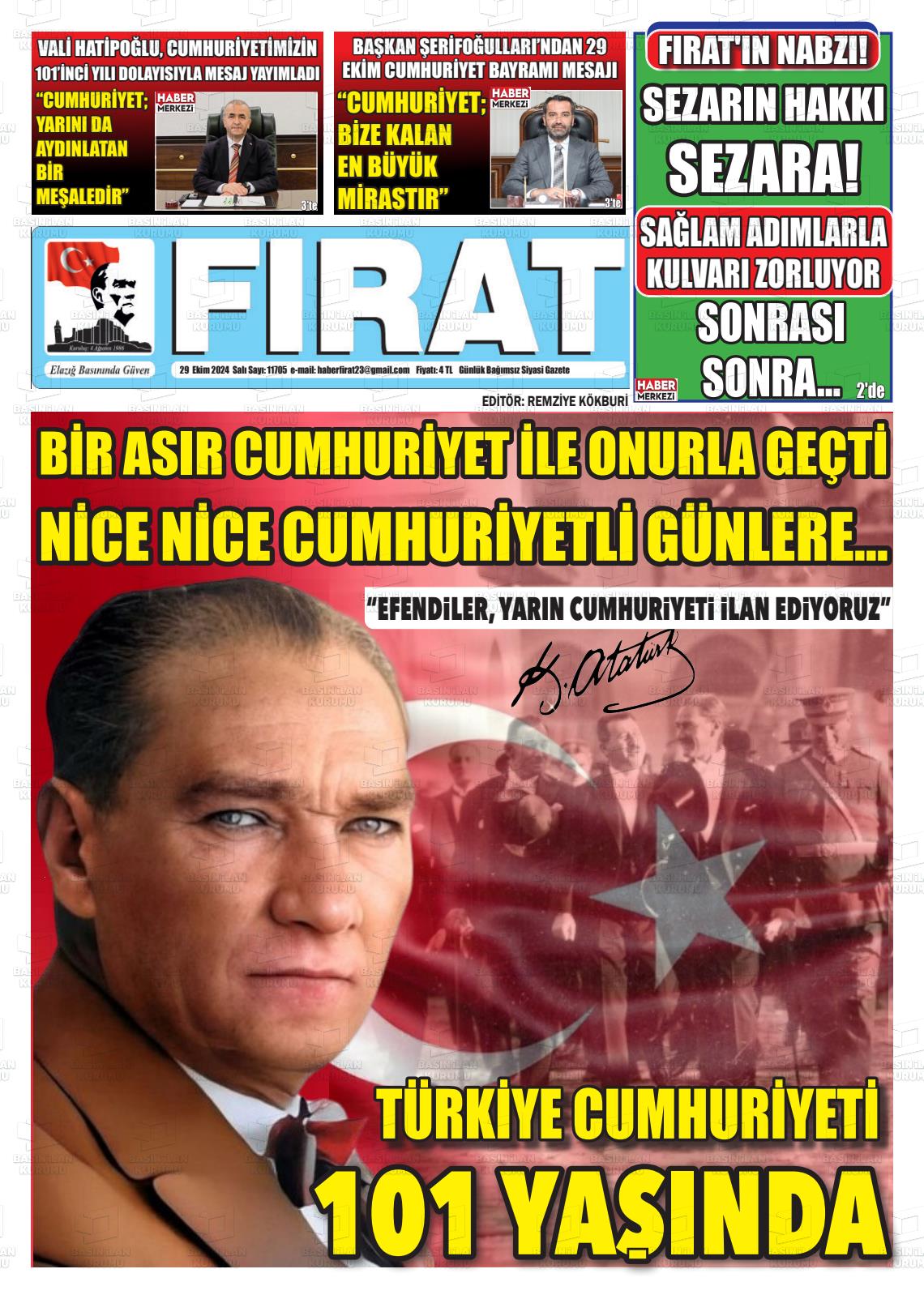 29 Ekim 2024 Fırat Gazete Manşeti