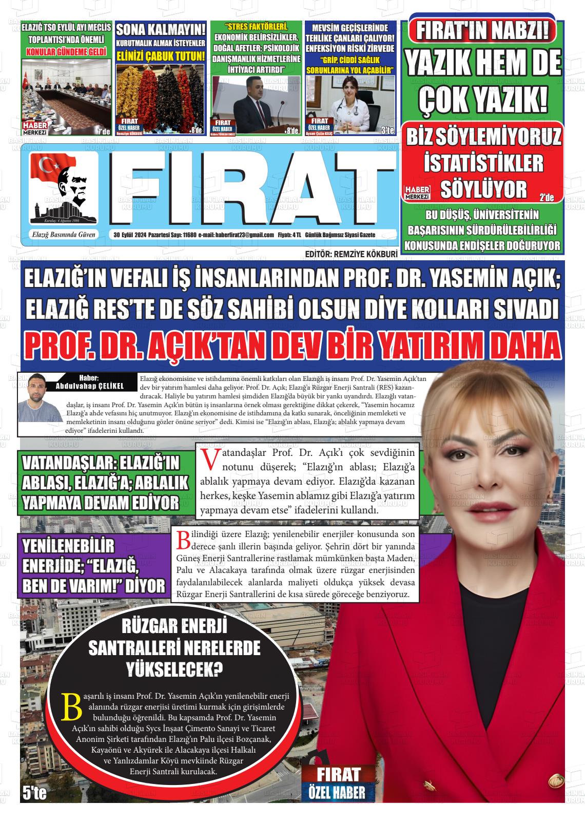 30 Eylül 2024 Fırat Gazete Manşeti