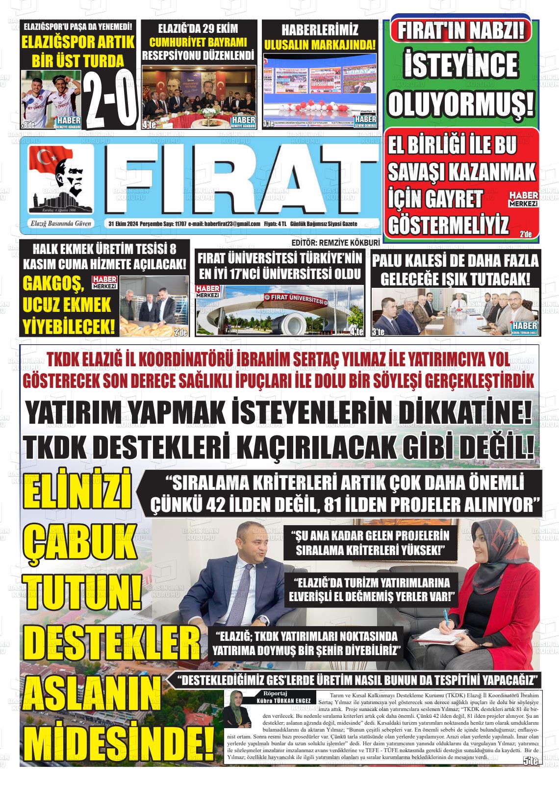 31 Ekim 2024 Fırat Gazete Manşeti