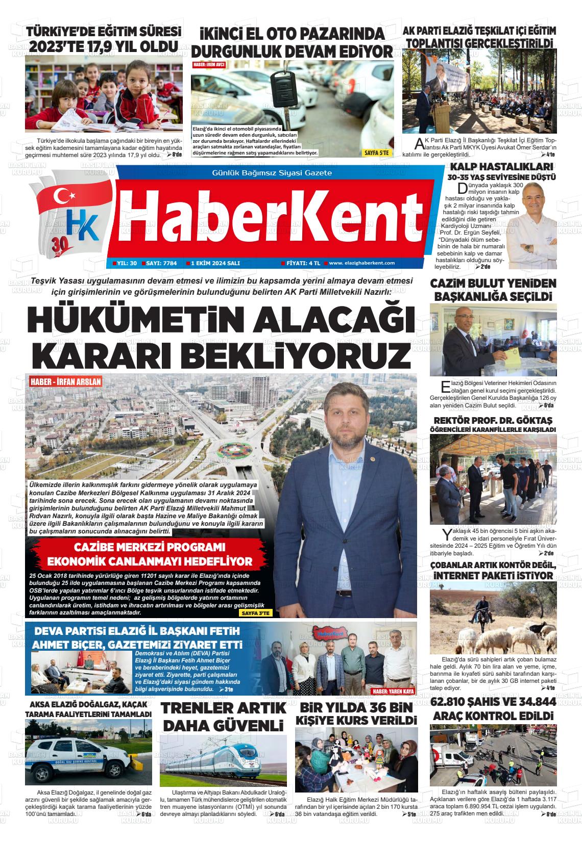 01 Ekim 2024 Elazığ Haberkent Gazete Manşeti