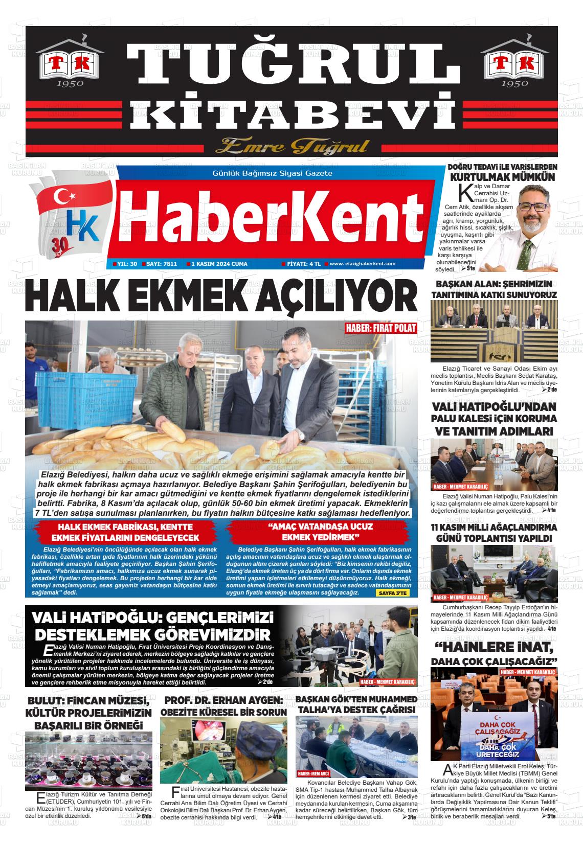 01 Kasım 2024 Elazığ Haberkent Gazete Manşeti