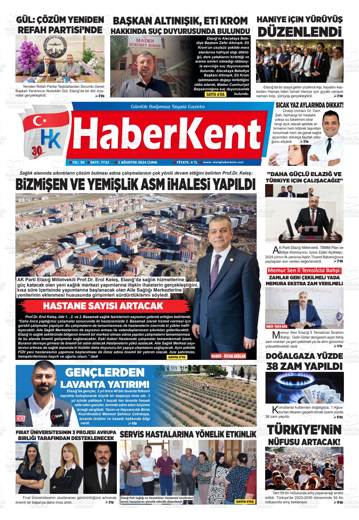 02 Ağustos 2024 Elazığ Haberkent Gazete Manşeti