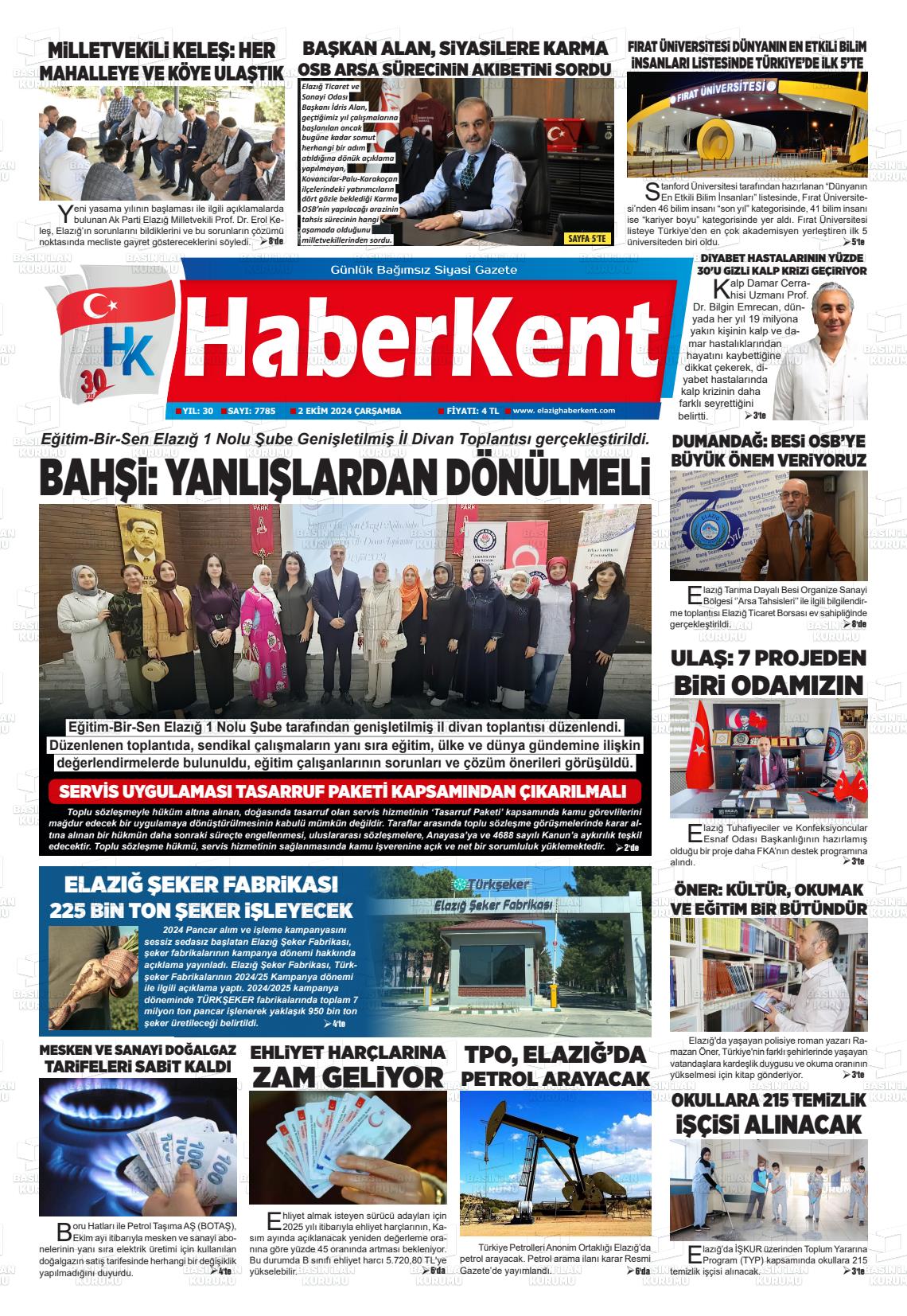 02 Ekim 2024 Elazığ Haberkent Gazete Manşeti