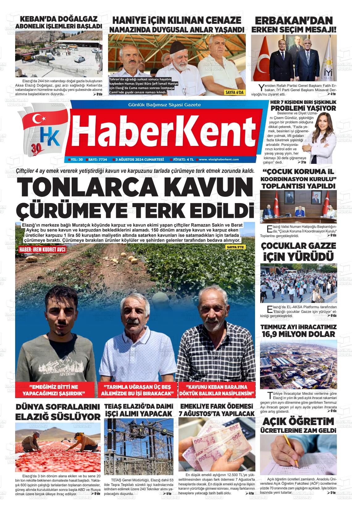 03 Ağustos 2024 Elazığ Haberkent Gazete Manşeti