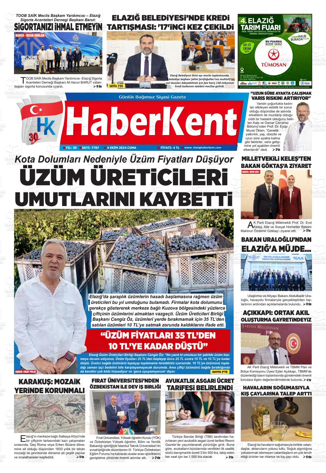 04 Ekim 2024 Elazığ Haberkent Gazete Manşeti