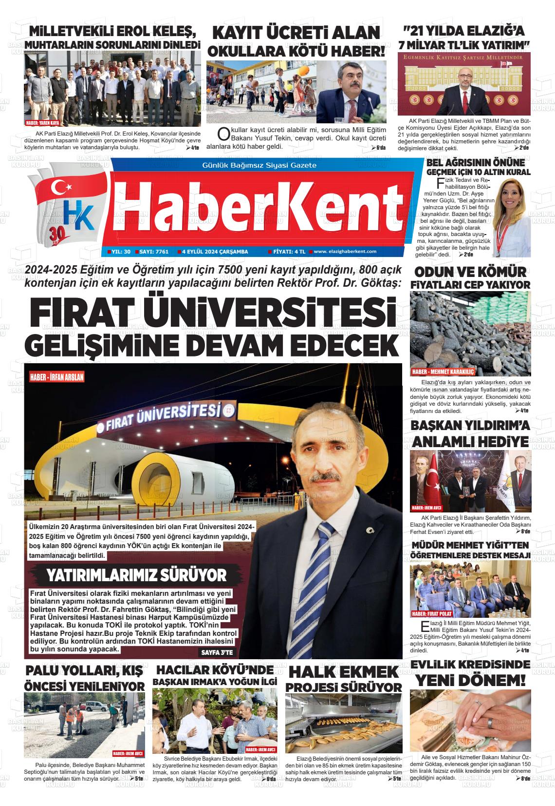 04 Eylül 2024 Elazığ Haberkent Gazete Manşeti