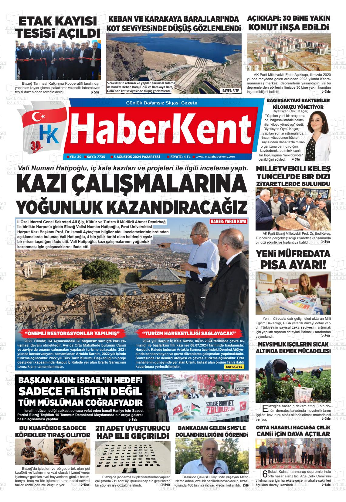 05 Ağustos 2024 Elazığ Haberkent Gazete Manşeti