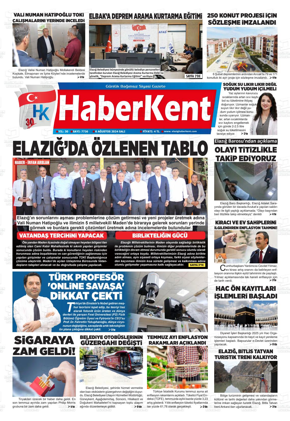 06 Ağustos 2024 Elazığ Haberkent Gazete Manşeti