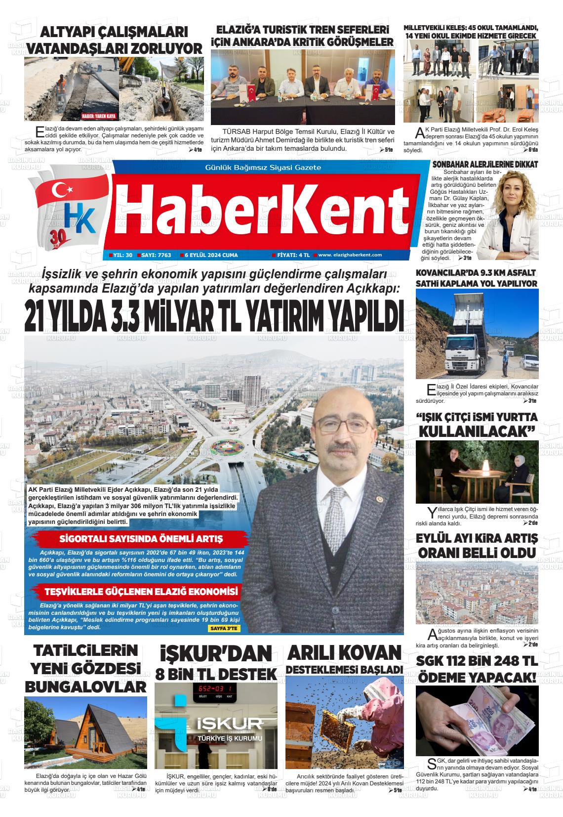 06 Eylül 2024 Elazığ Haberkent Gazete Manşeti