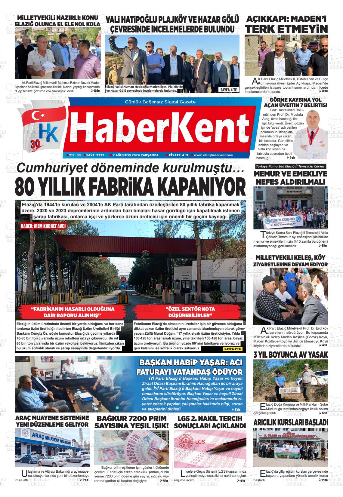 07 Ağustos 2024 Elazığ Haberkent Gazete Manşeti