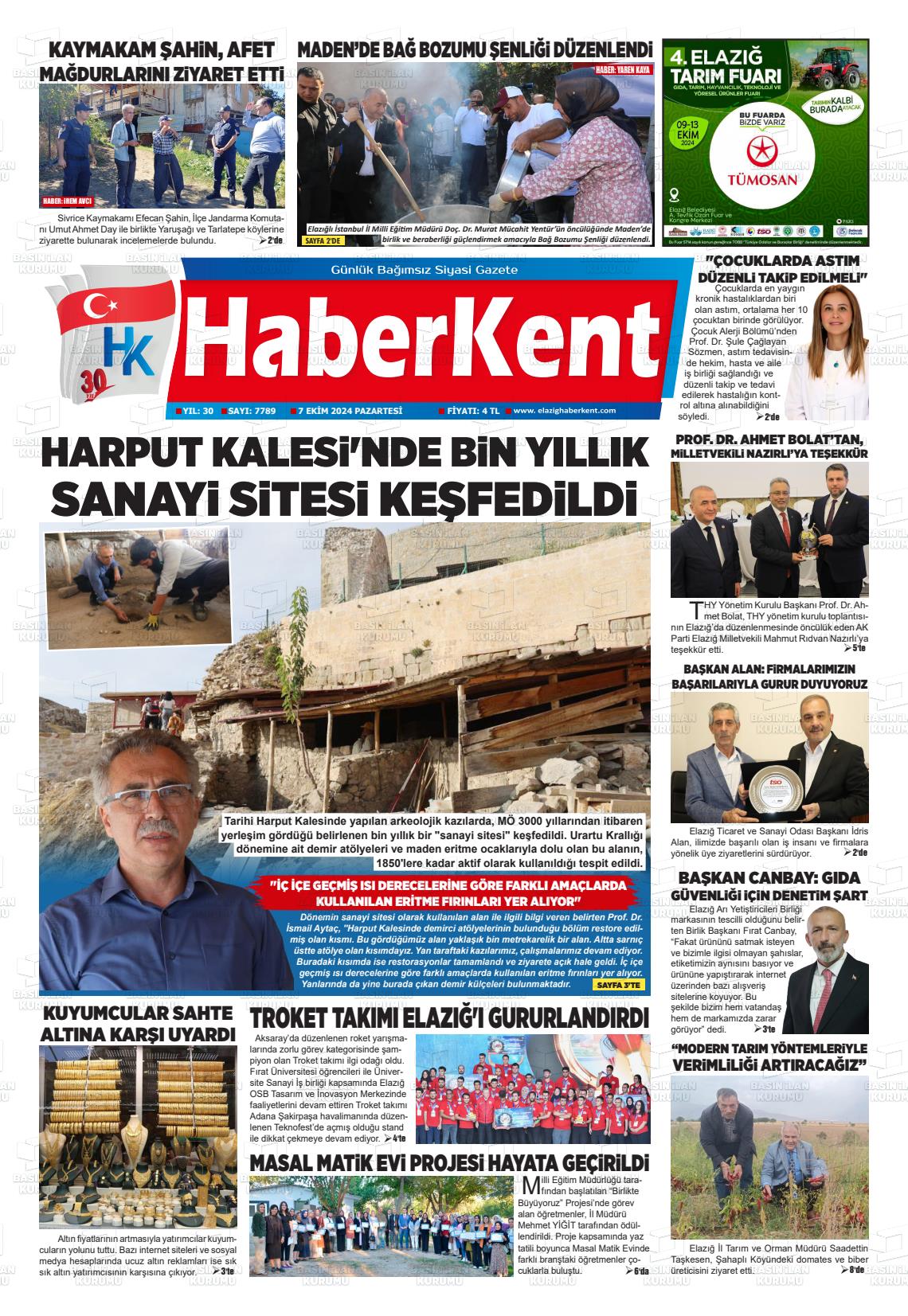 07 Ekim 2024 Elazığ Haberkent Gazete Manşeti