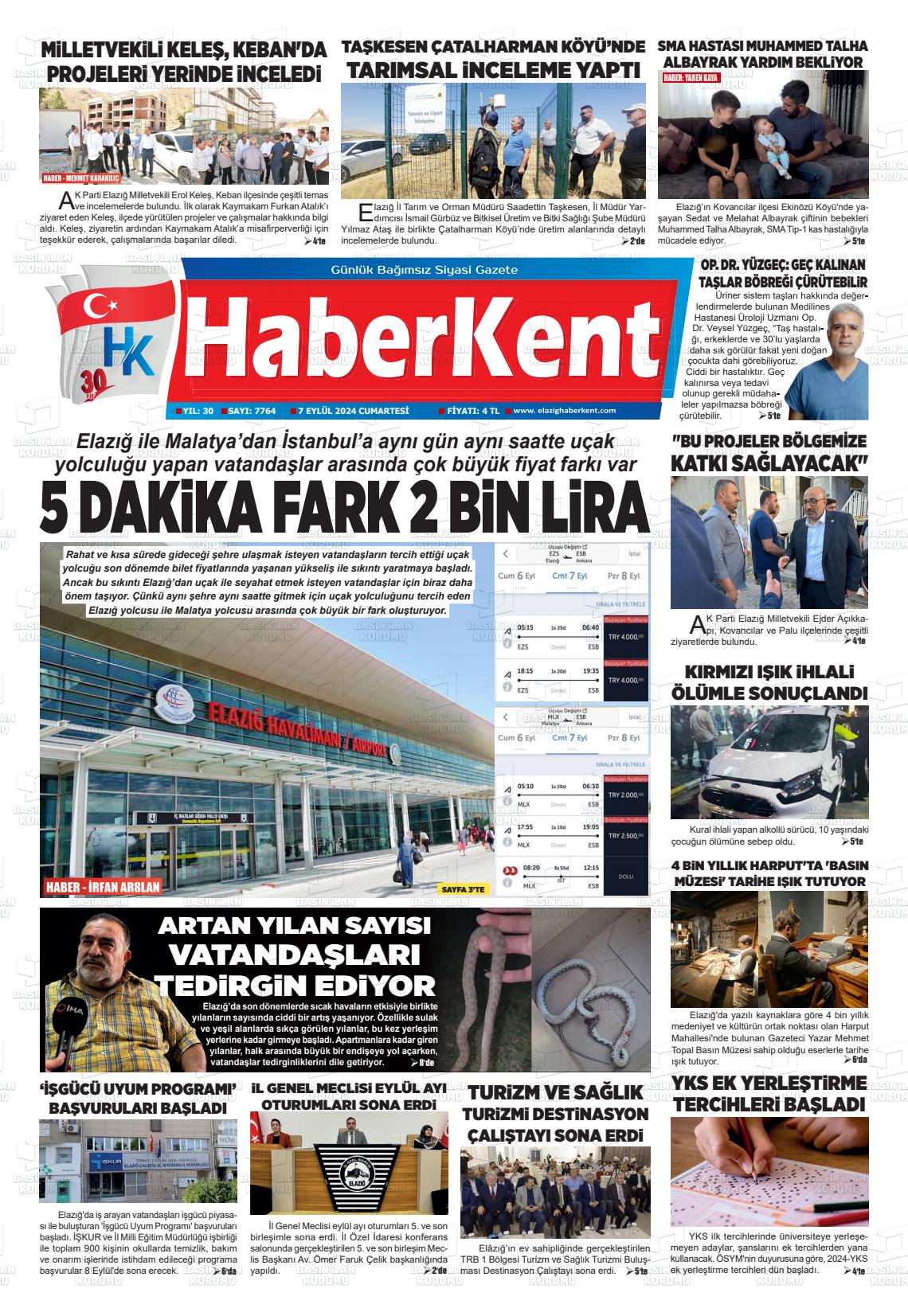 07 Eylül 2024 Elazığ Haberkent Gazete Manşeti