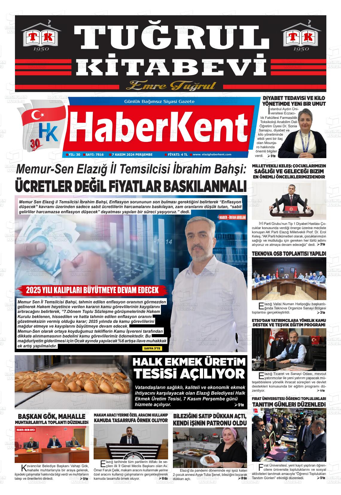 07 Kasım 2024 Elazığ Haberkent Gazete Manşeti