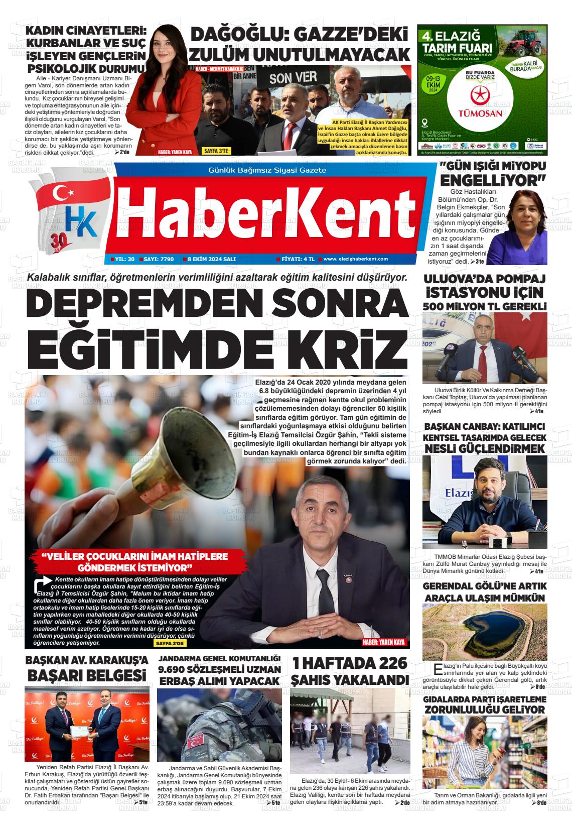 08 Ekim 2024 Elazığ Haberkent Gazete Manşeti