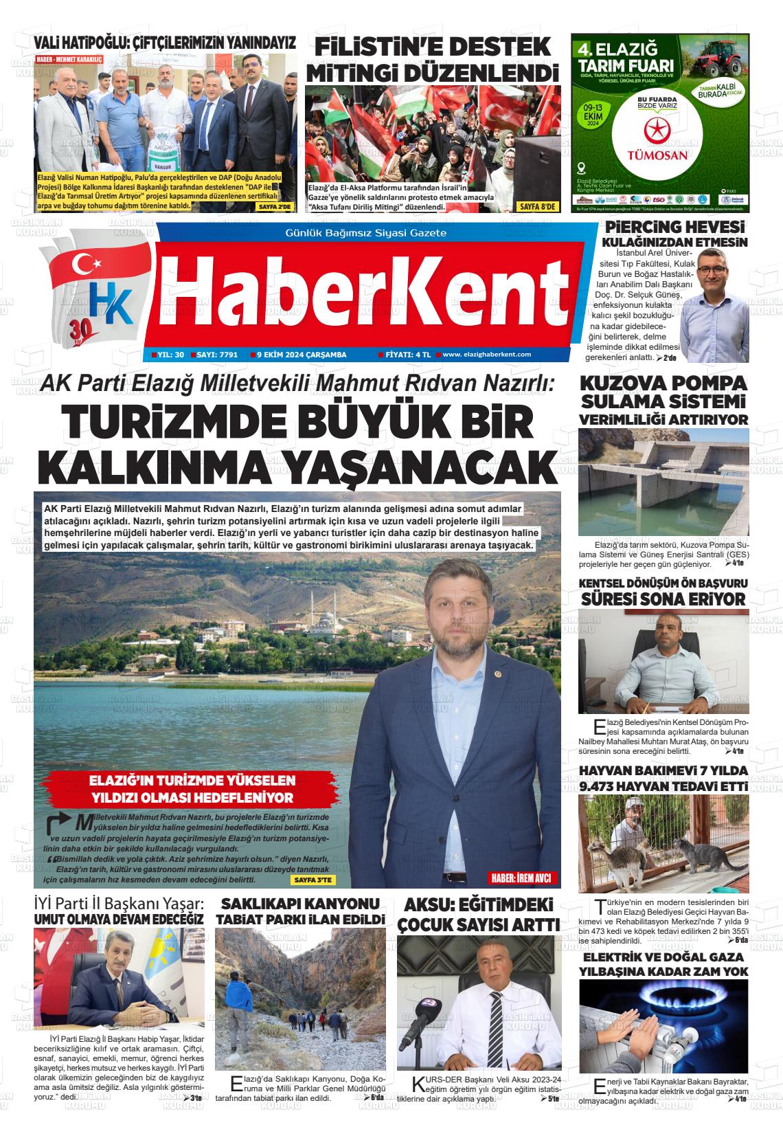 09 Ekim 2024 Elazığ Haberkent Gazete Manşeti