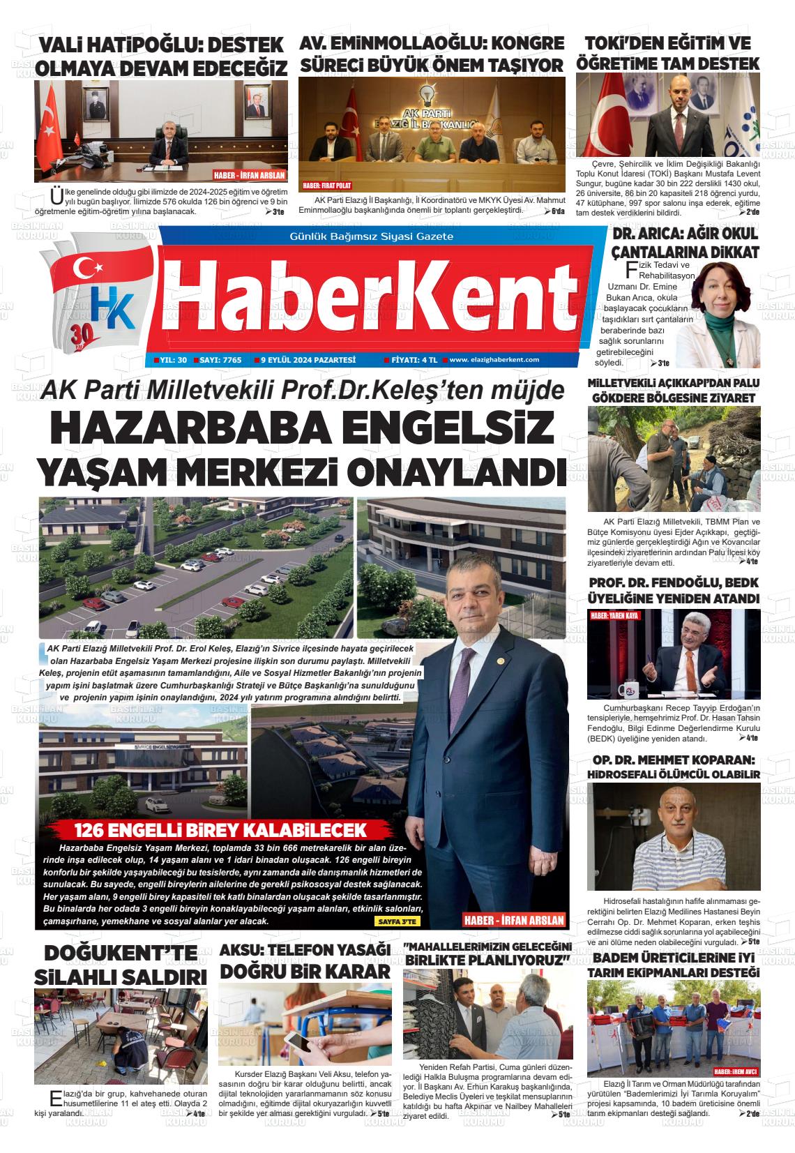 09 Eylül 2024 Elazığ Haberkent Gazete Manşeti