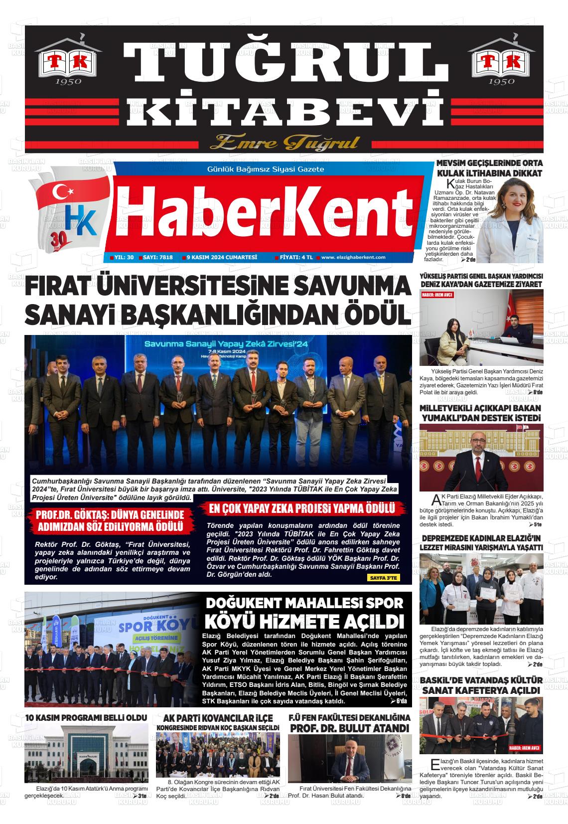 09 Kasım 2024 Elazığ Haberkent Gazete Manşeti