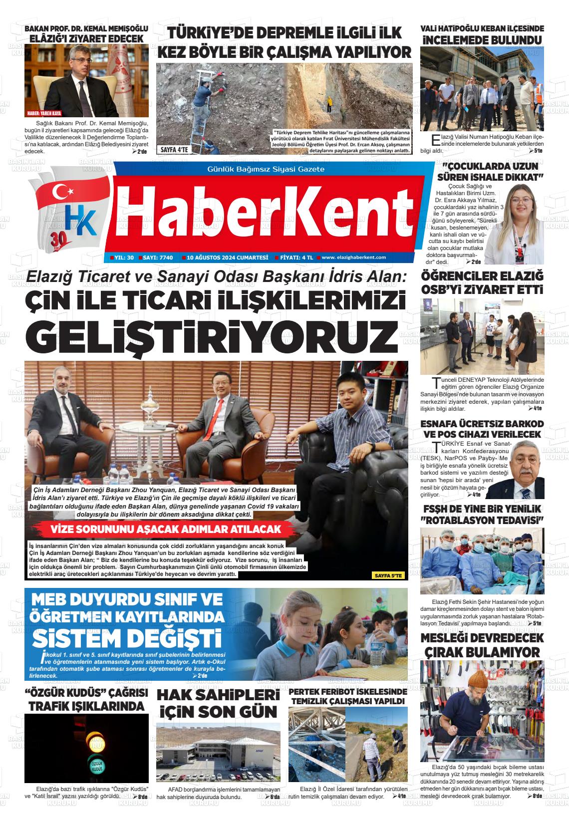 10 Ağustos 2024 Elazığ Haberkent Gazete Manşeti