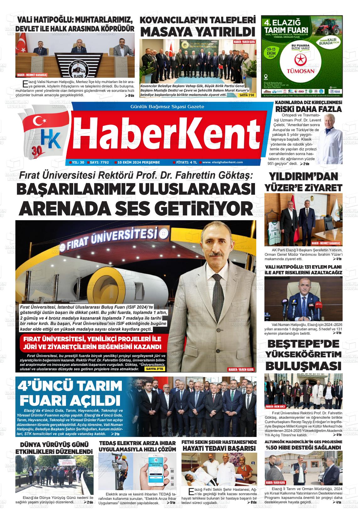 10 Ekim 2024 Elazığ Haberkent Gazete Manşeti