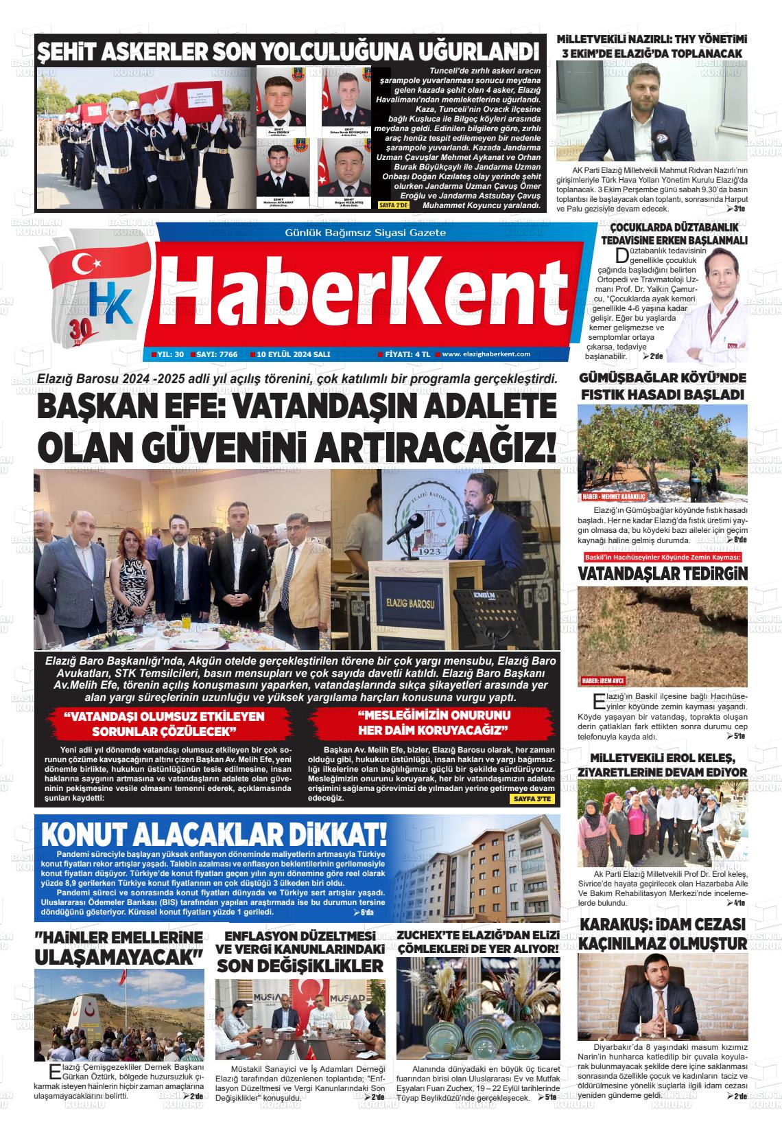 10 Eylül 2024 Elazığ Haberkent Gazete Manşeti