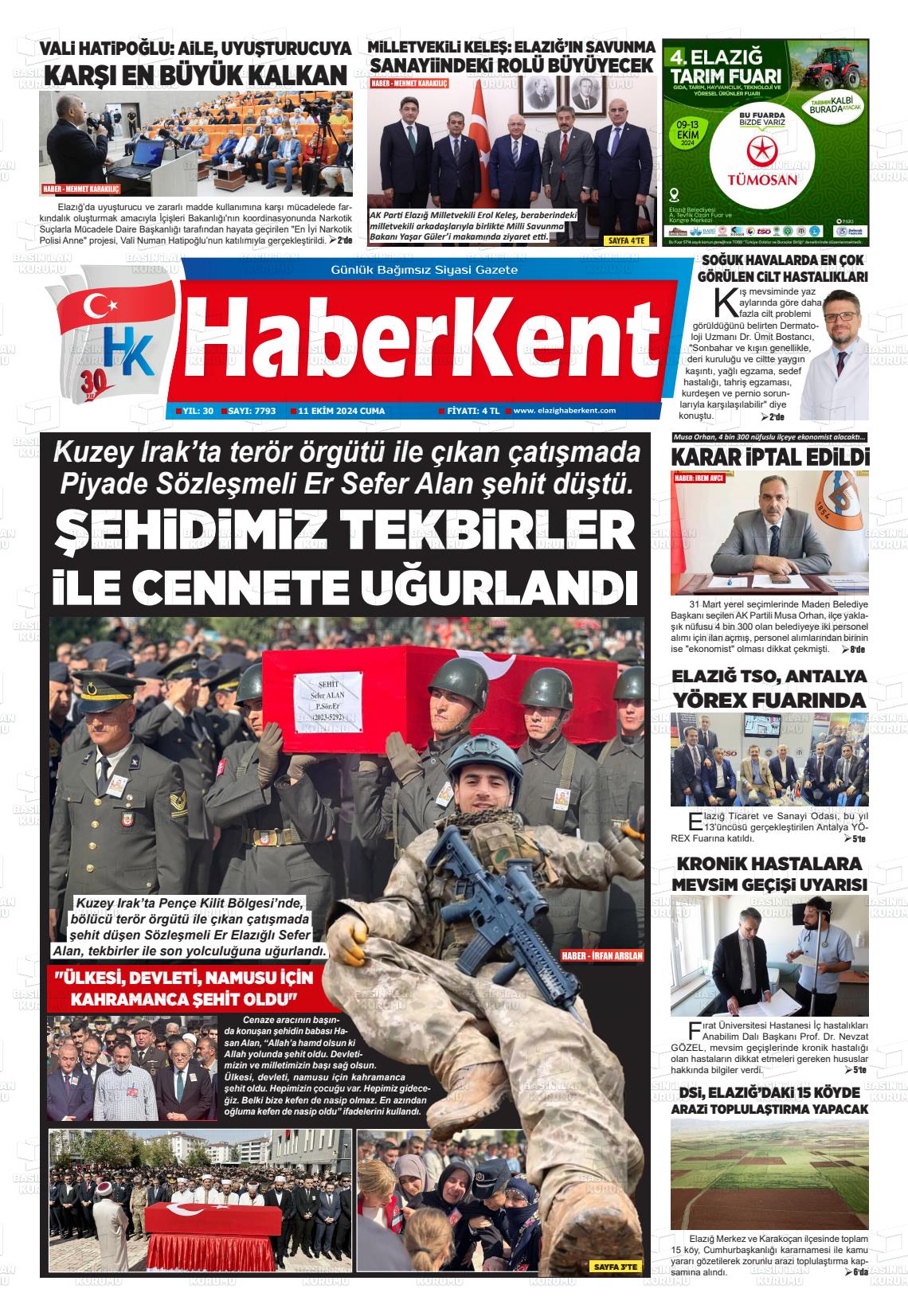 11 Ekim 2024 Elazığ Haberkent Gazete Manşeti