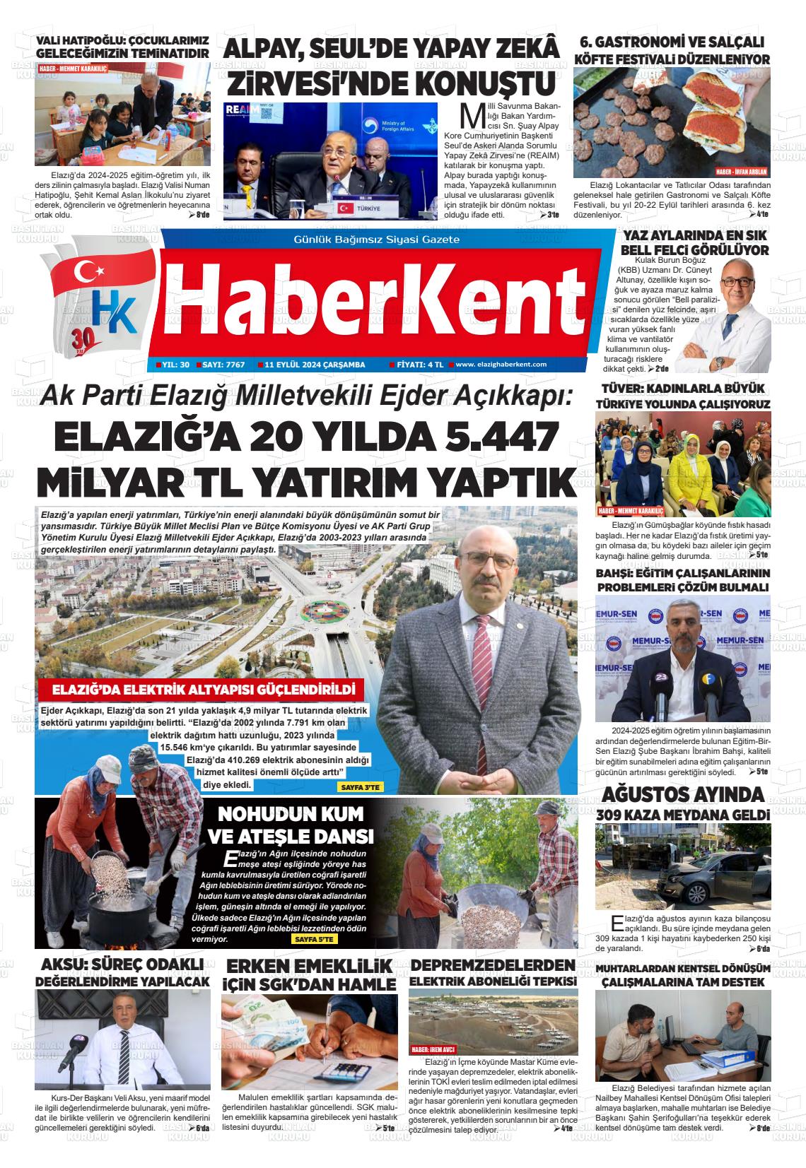 11 Eylül 2024 Elazığ Haberkent Gazete Manşeti