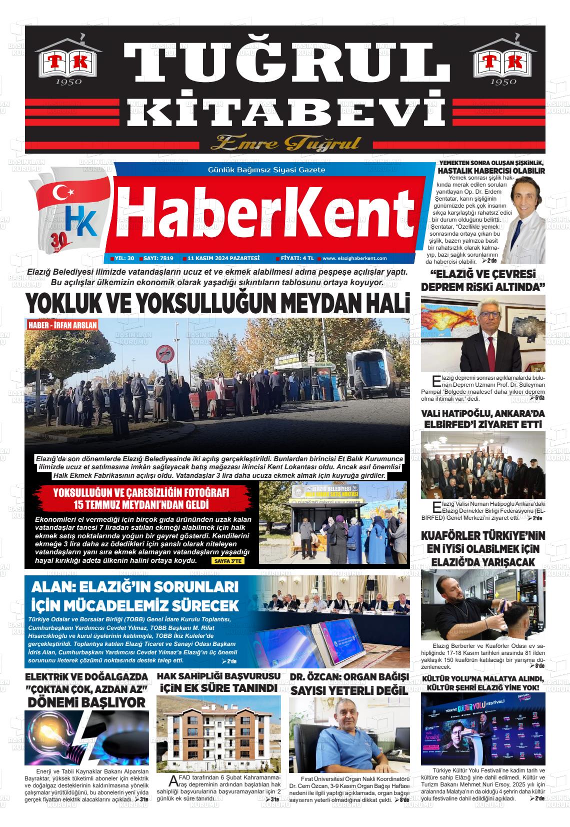 11 Kasım 2024 Elazığ Haberkent Gazete Manşeti