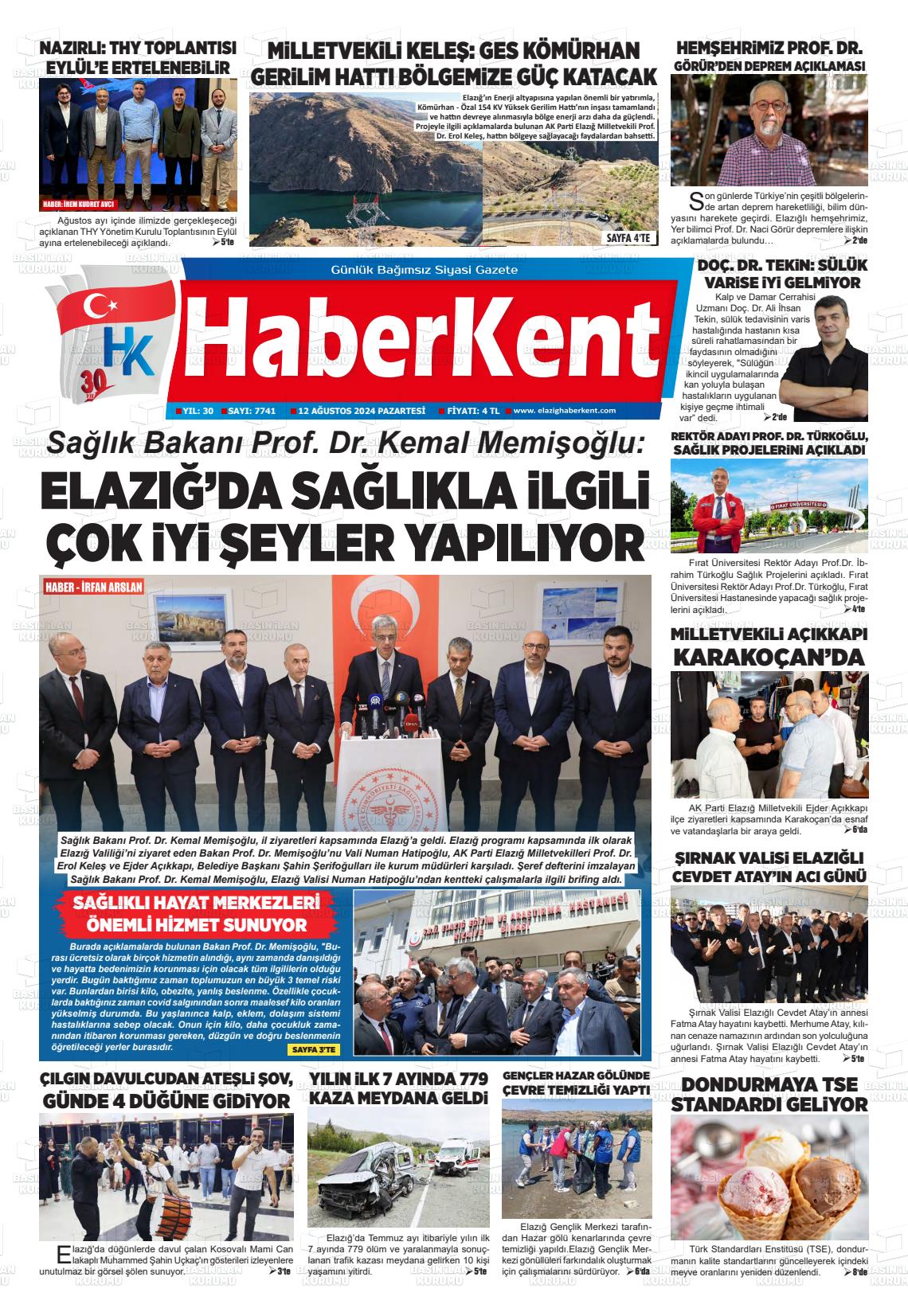 12 Ağustos 2024 Elazığ Haberkent Gazete Manşeti