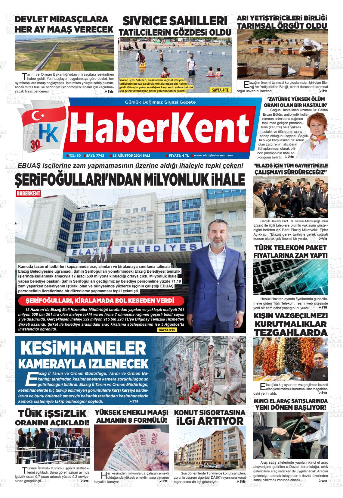 13 Ağustos 2024 Elazığ Haberkent Gazete Manşeti