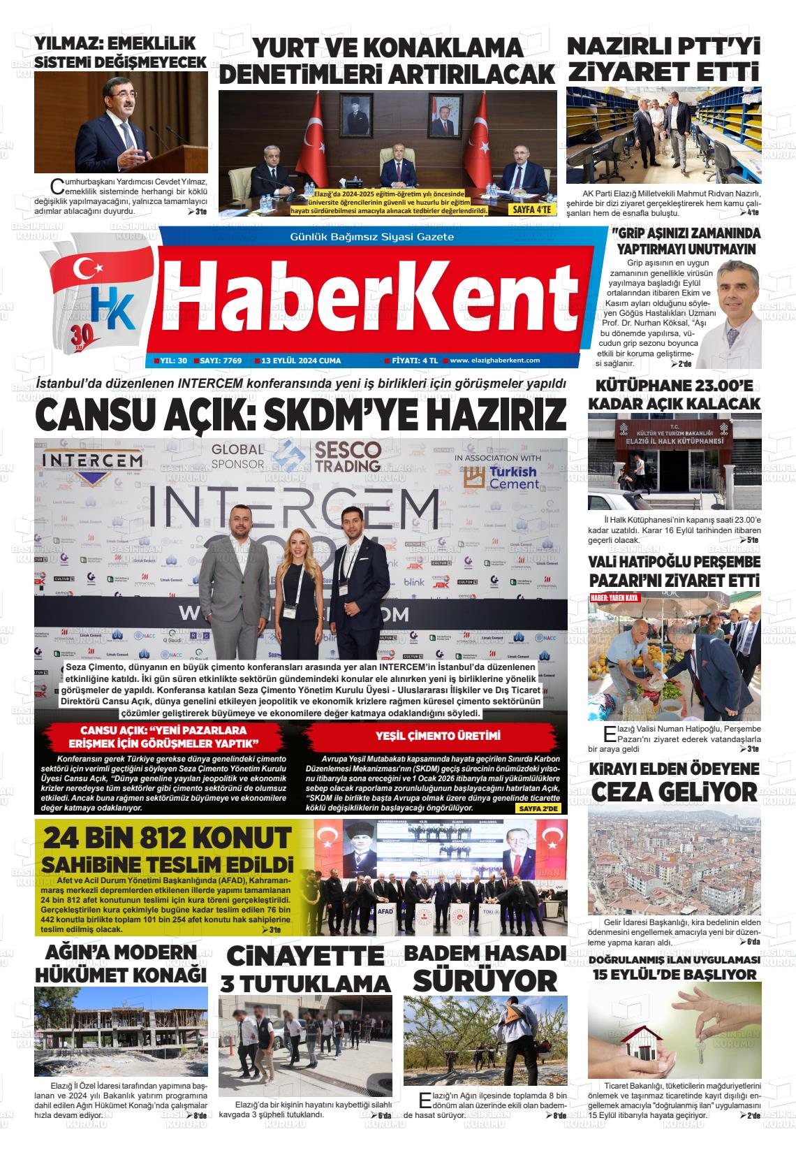 13 Eylül 2024 Elazığ Haberkent Gazete Manşeti