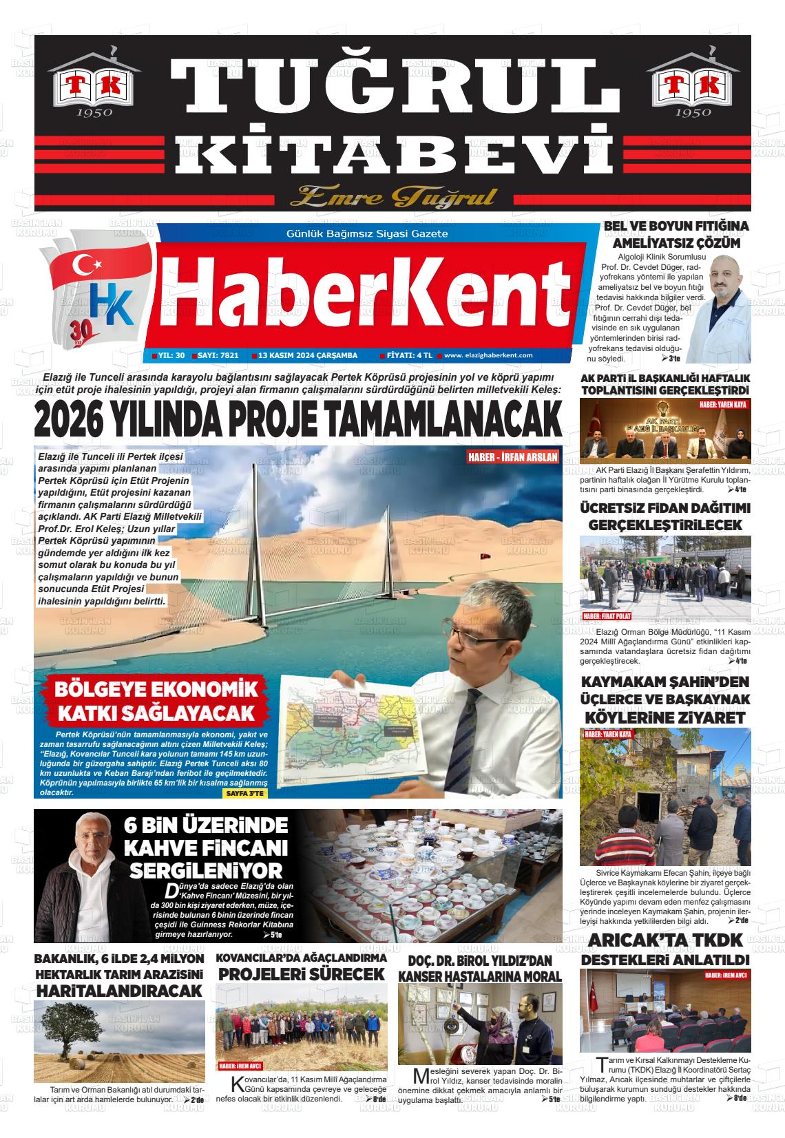 13 Kasım 2024 Elazığ Haberkent Gazete Manşeti