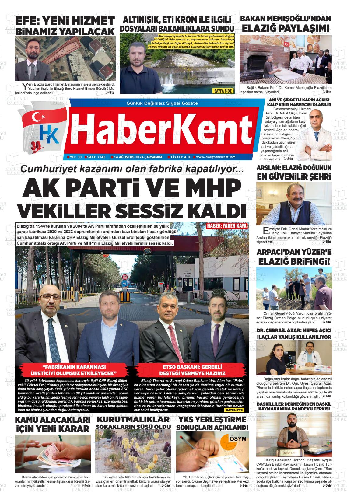 14 Ağustos 2024 Elazığ Haberkent Gazete Manşeti