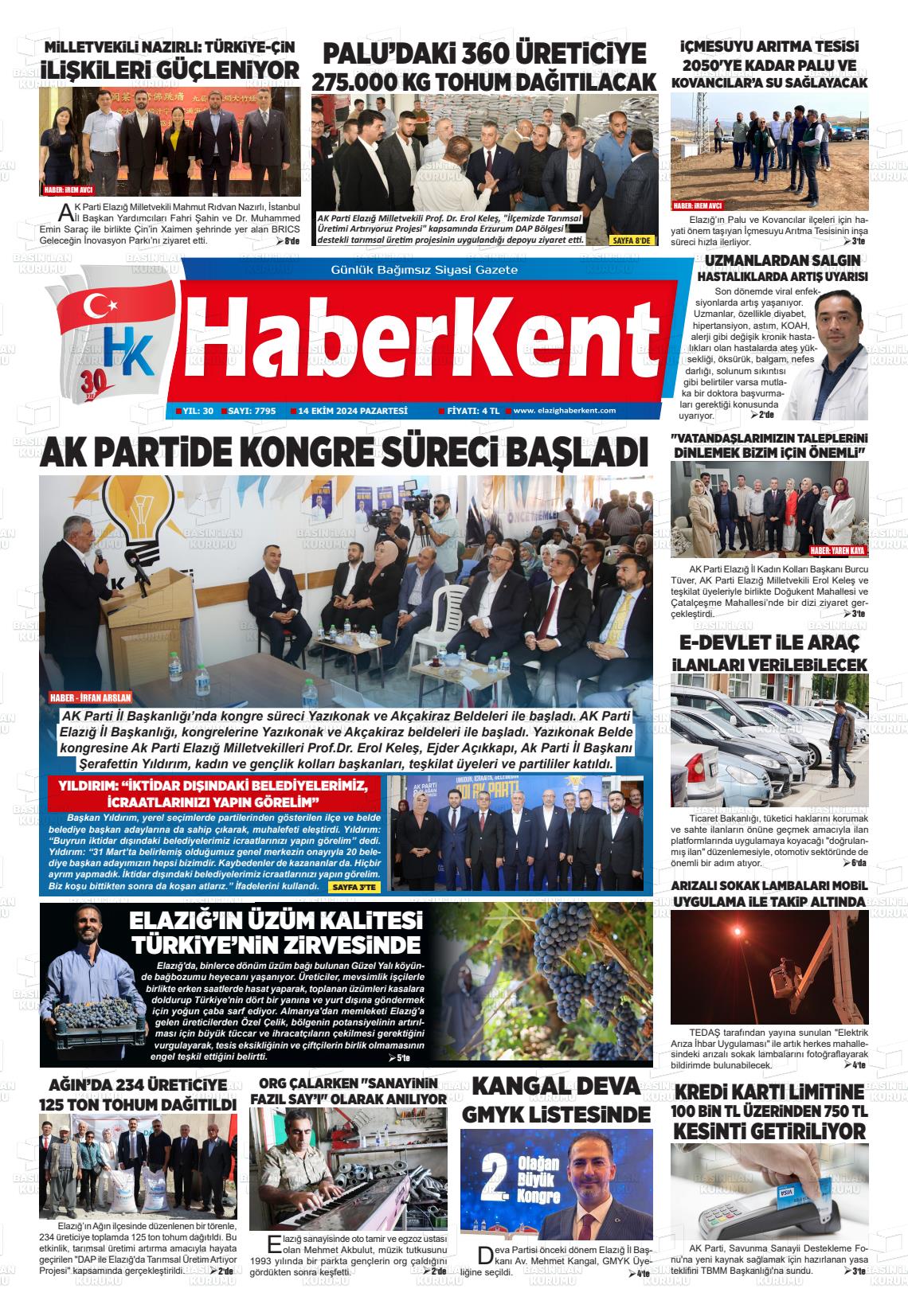 14 Ekim 2024 Elazığ Haberkent Gazete Manşeti