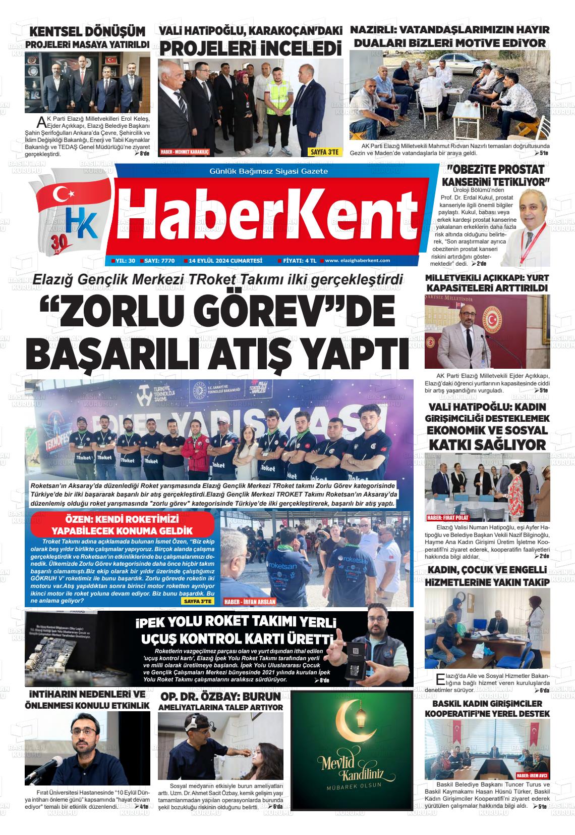 14 Eylül 2024 Elazığ Haberkent Gazete Manşeti