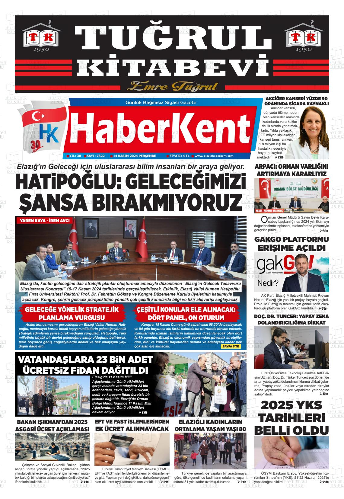 14 Kasım 2024 Elazığ Haberkent Gazete Manşeti