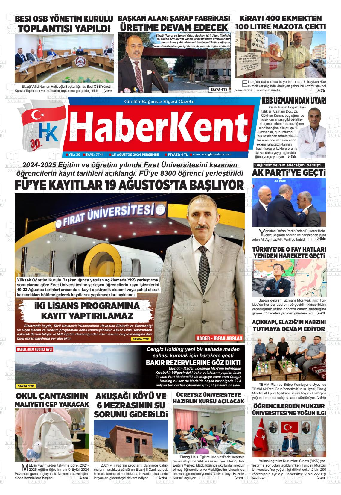 15 Ağustos 2024 Elazığ Haberkent Gazete Manşeti