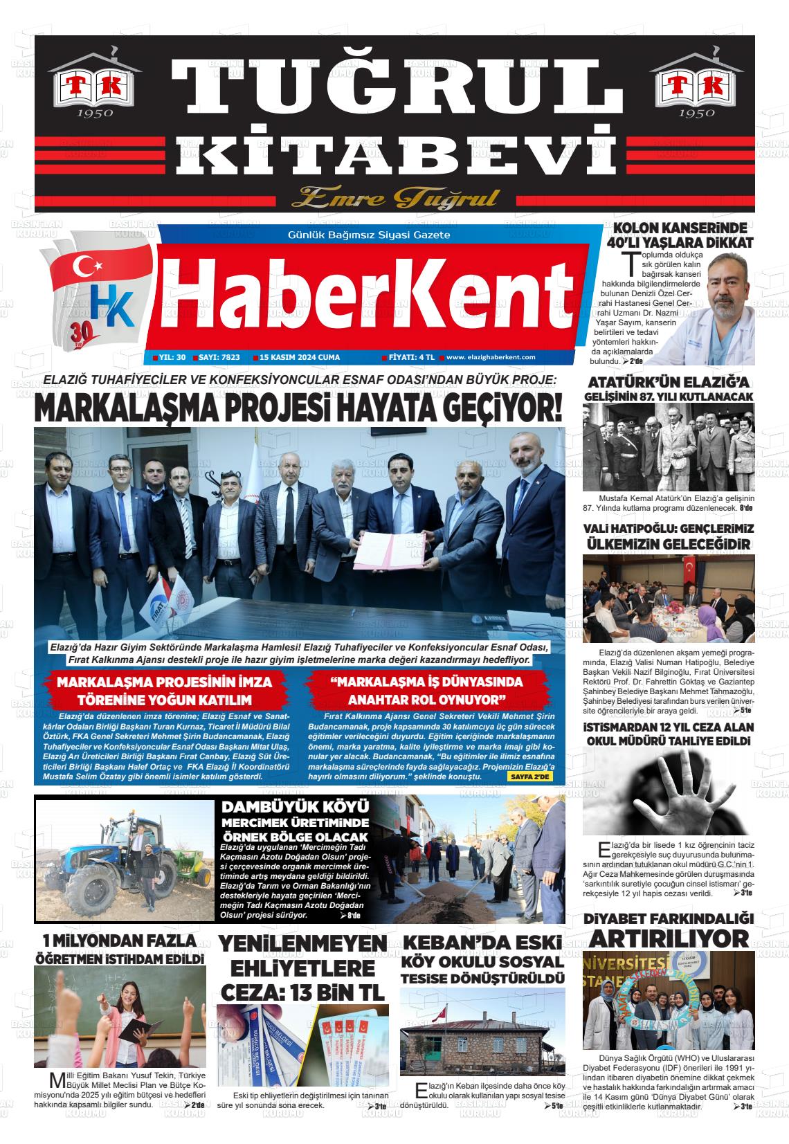 15 Kasım 2024 Elazığ Haberkent Gazete Manşeti